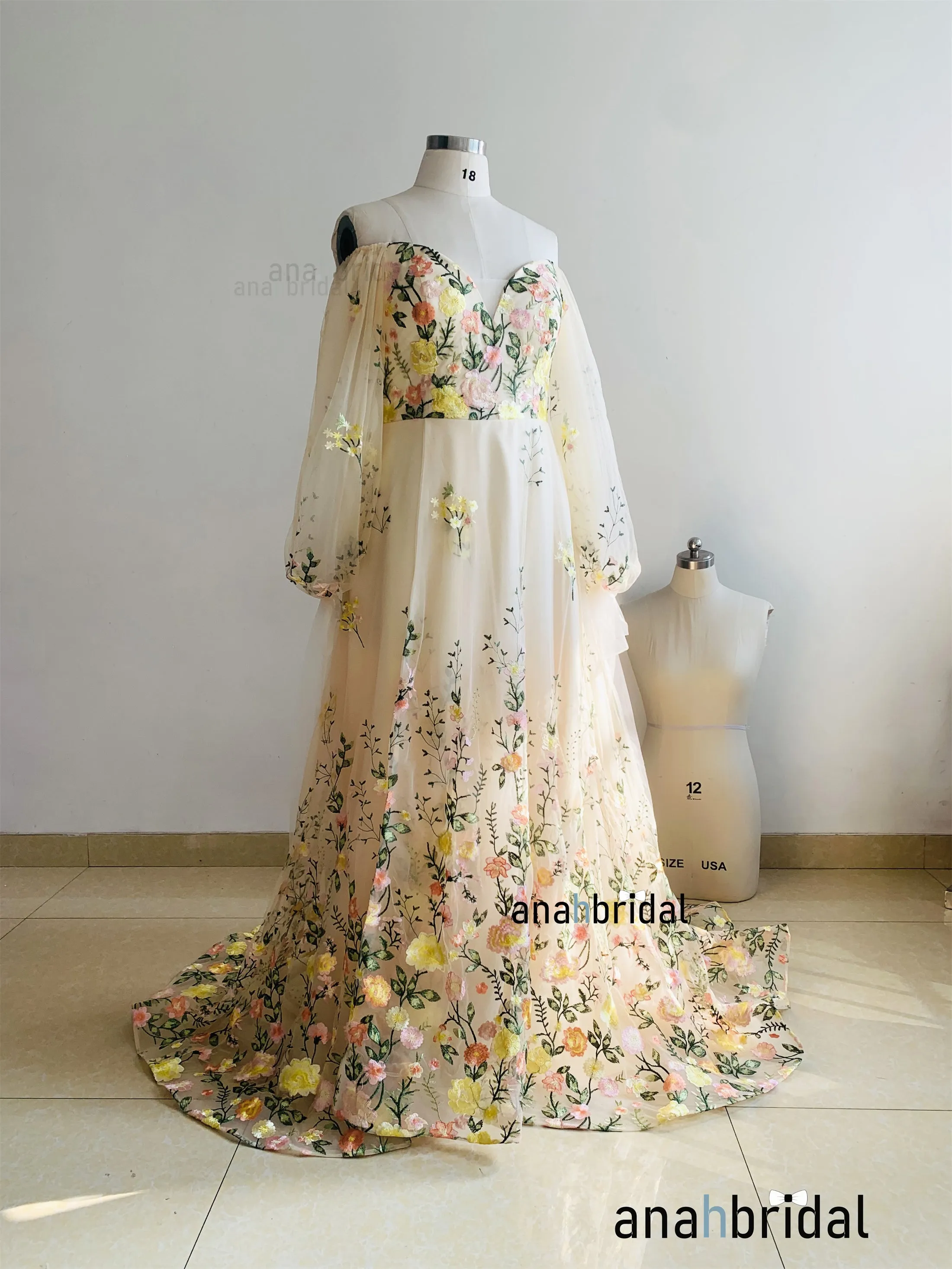 Yellow Floral Lace Charming Wedding Dress