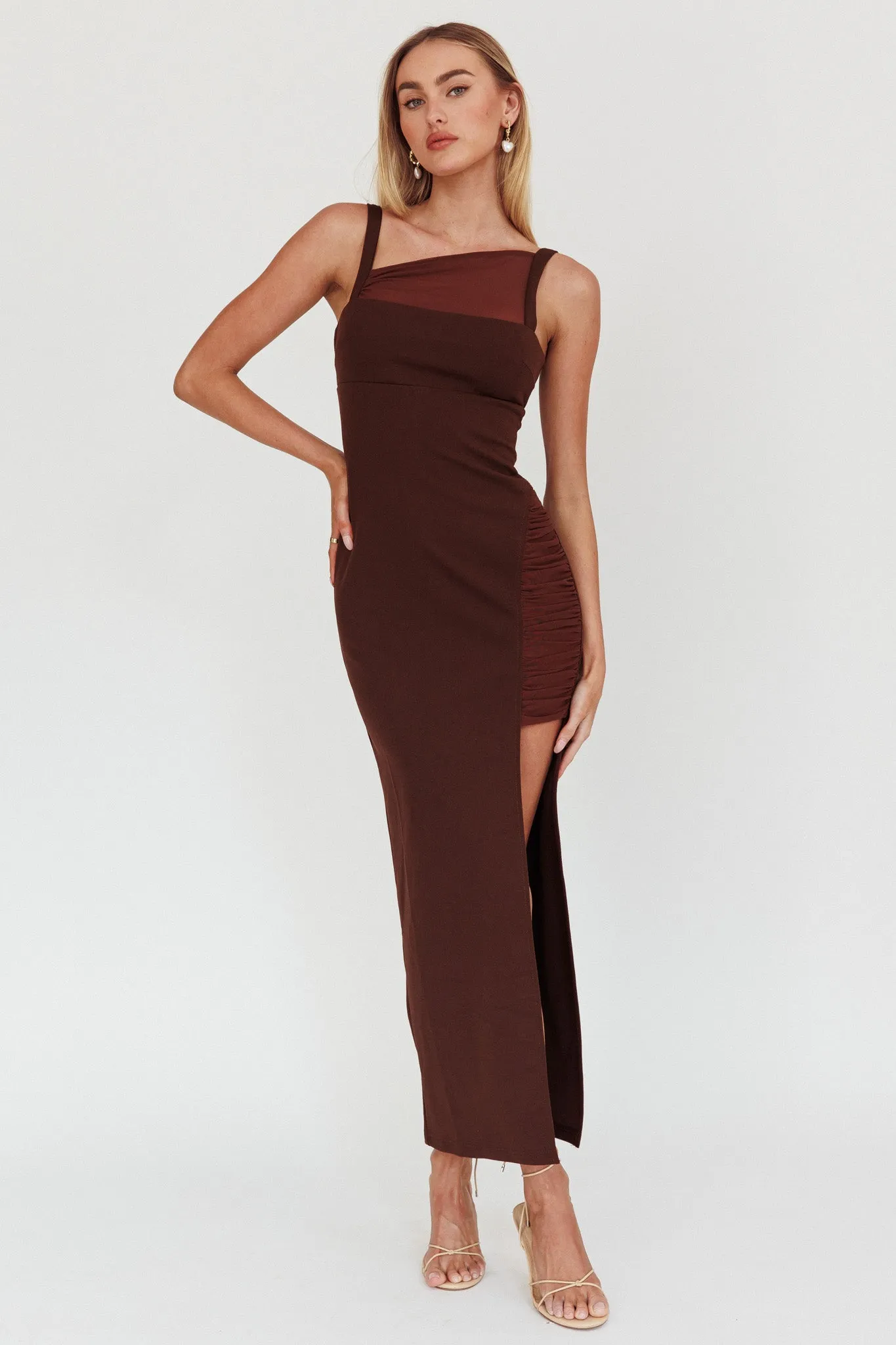 Zenya Split Ruched Maxi Dress Chocolate