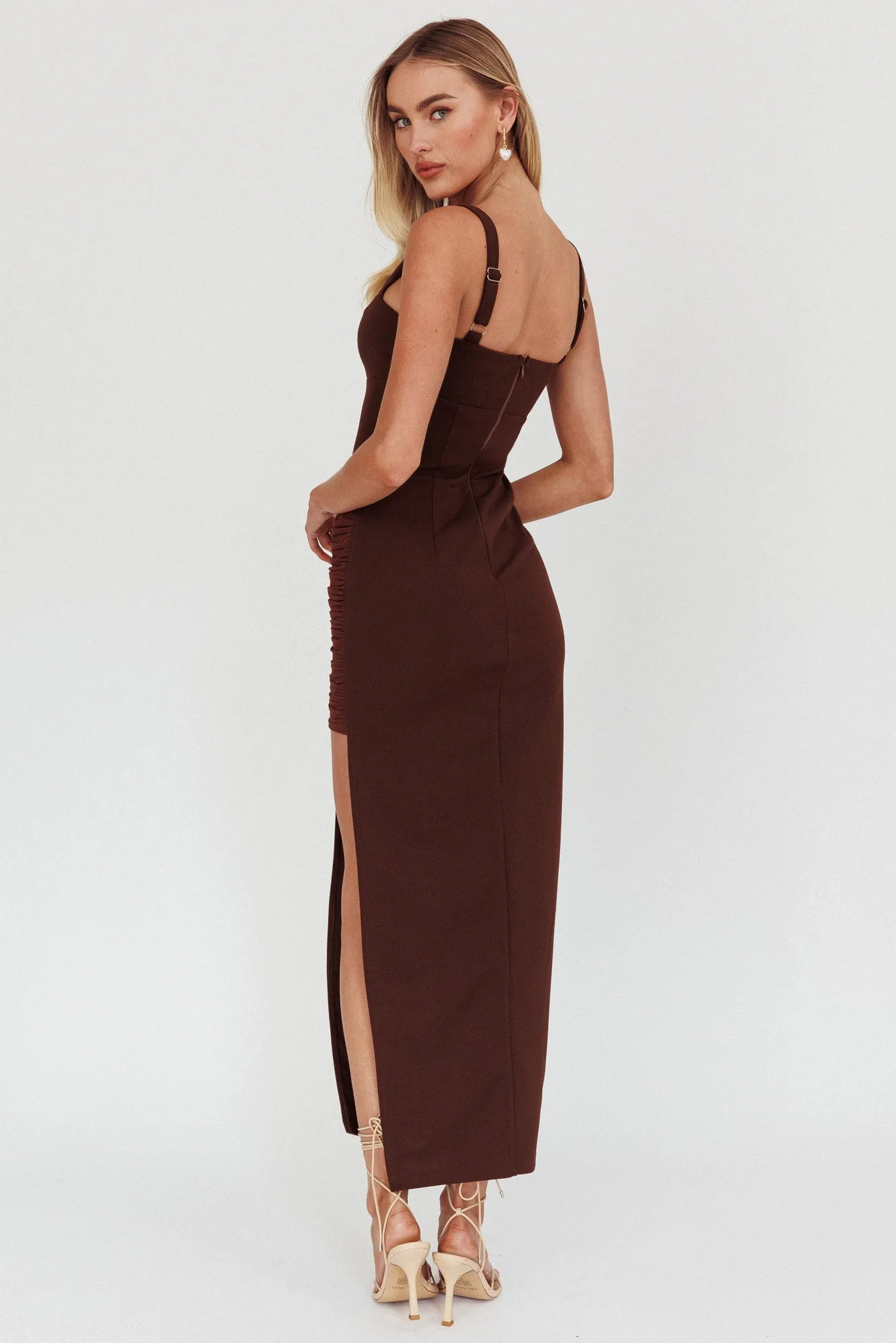 Zenya Split Ruched Maxi Dress Chocolate